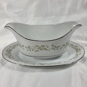 Sango Debutante Gravy Boat with Underplate White with Flowers and Scrolls